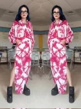 S/W/F Pink Magenta Tie-Dye Deep Plunge V-Neck Maxi Side Slit Dress Size Medium